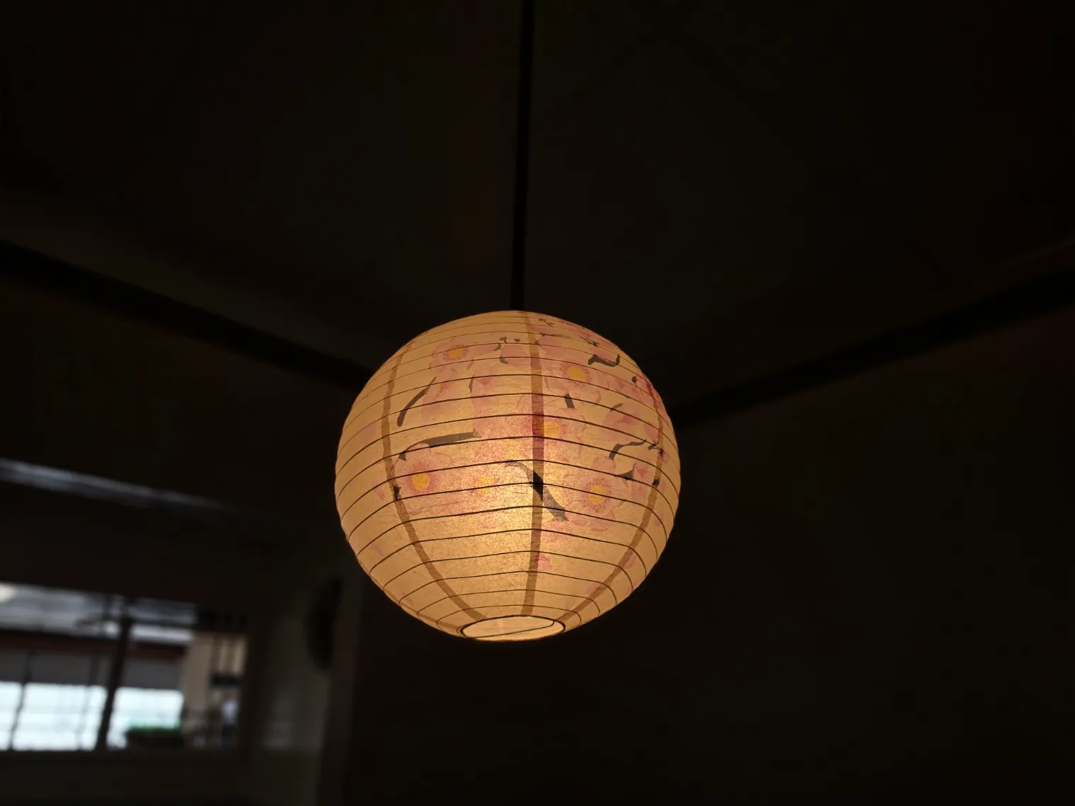 A paper lantern painted with blossom hanging above the dining room